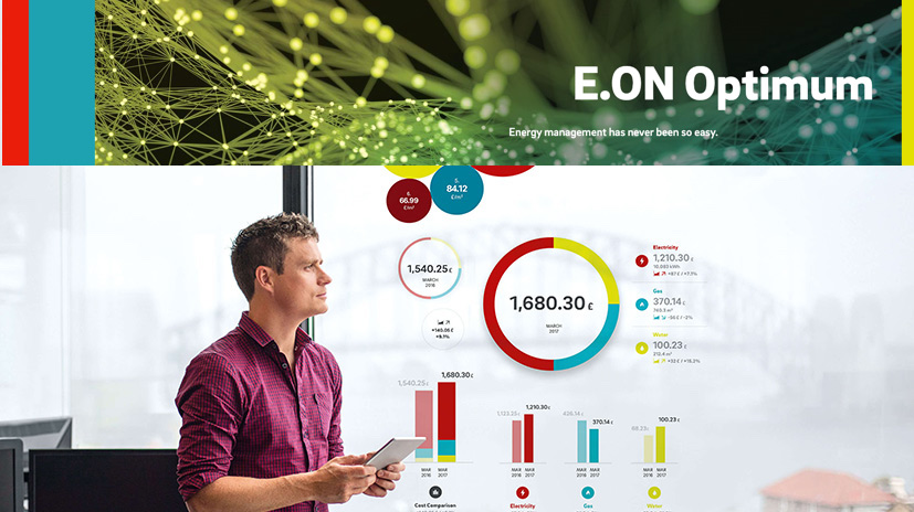 E.ON Optimum: header, person with a tablet, and the energy dashboard