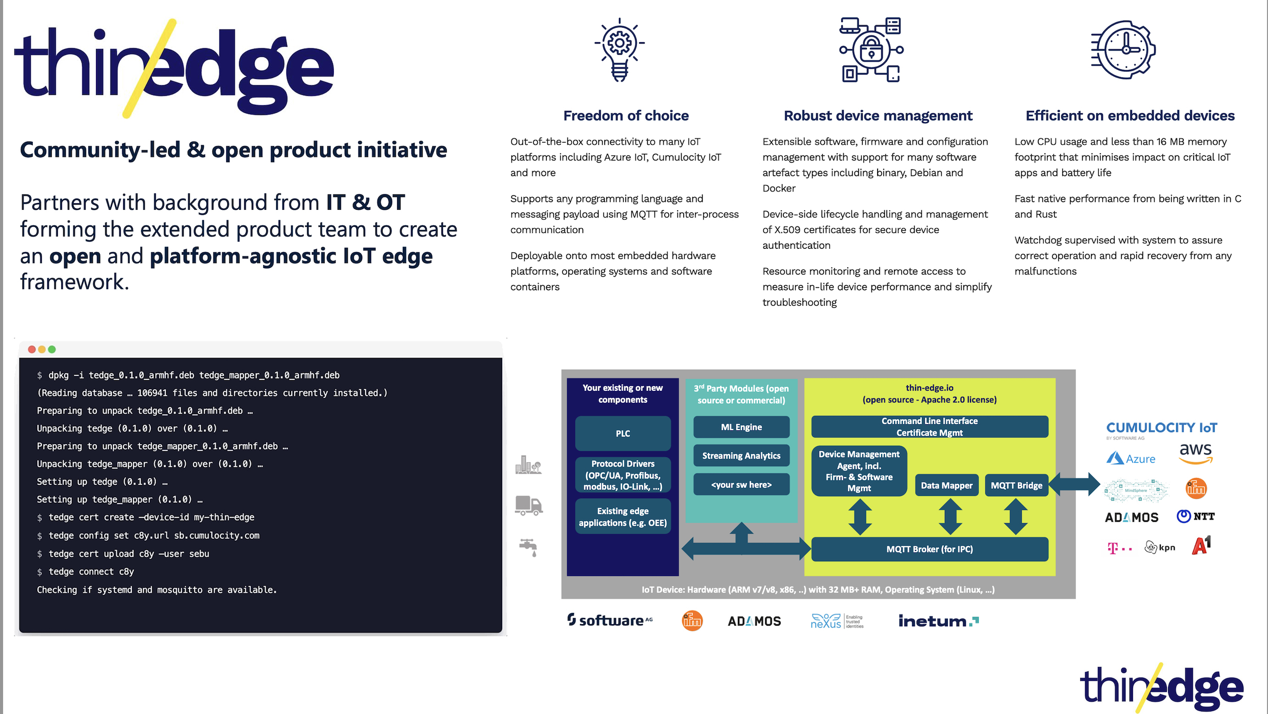 thin-edge.io overview: logo, feature columns, terminal, architecture diagram, and partner logos